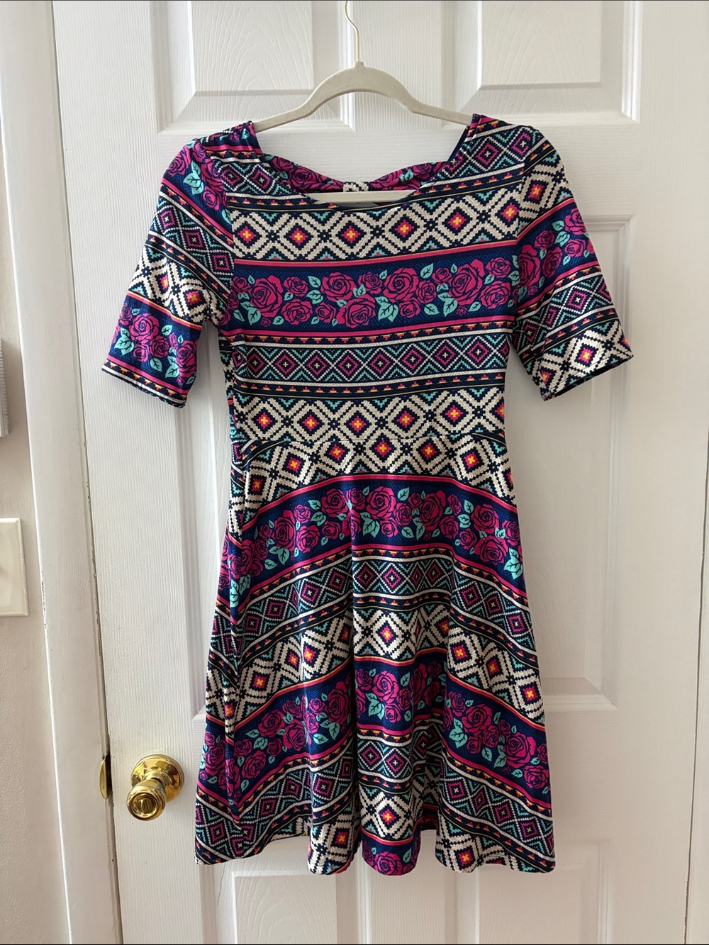 Floral Tribal Print Fit & Flare Dress in Magenta and Teal